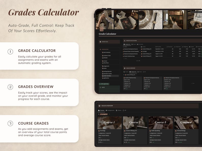 May include: A screenshot of a website showing a grade calculator. The website has a dark background and features a grade calculator, grades overview, and course grades sections. The website is designed to help students track their grades and calculate their overall grade point average.