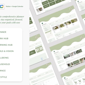 May include: A digital planner template with a green and white color scheme. The template is divided into sections for different areas of life, such as work, learning, goals, and wellbeing. The template is designed to help users stay organized and focused.