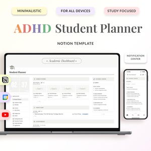 ADHD Student Planner Notion Template, Minimalist Academic Dashboard & Assignment Tracker (Digital Download)