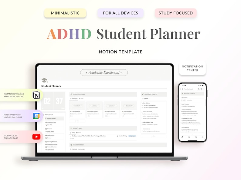 ADHD Student Planner Notion Template, Minimalist Academic Dashboard & Assignment Tracker (Digital Download) imagen 1