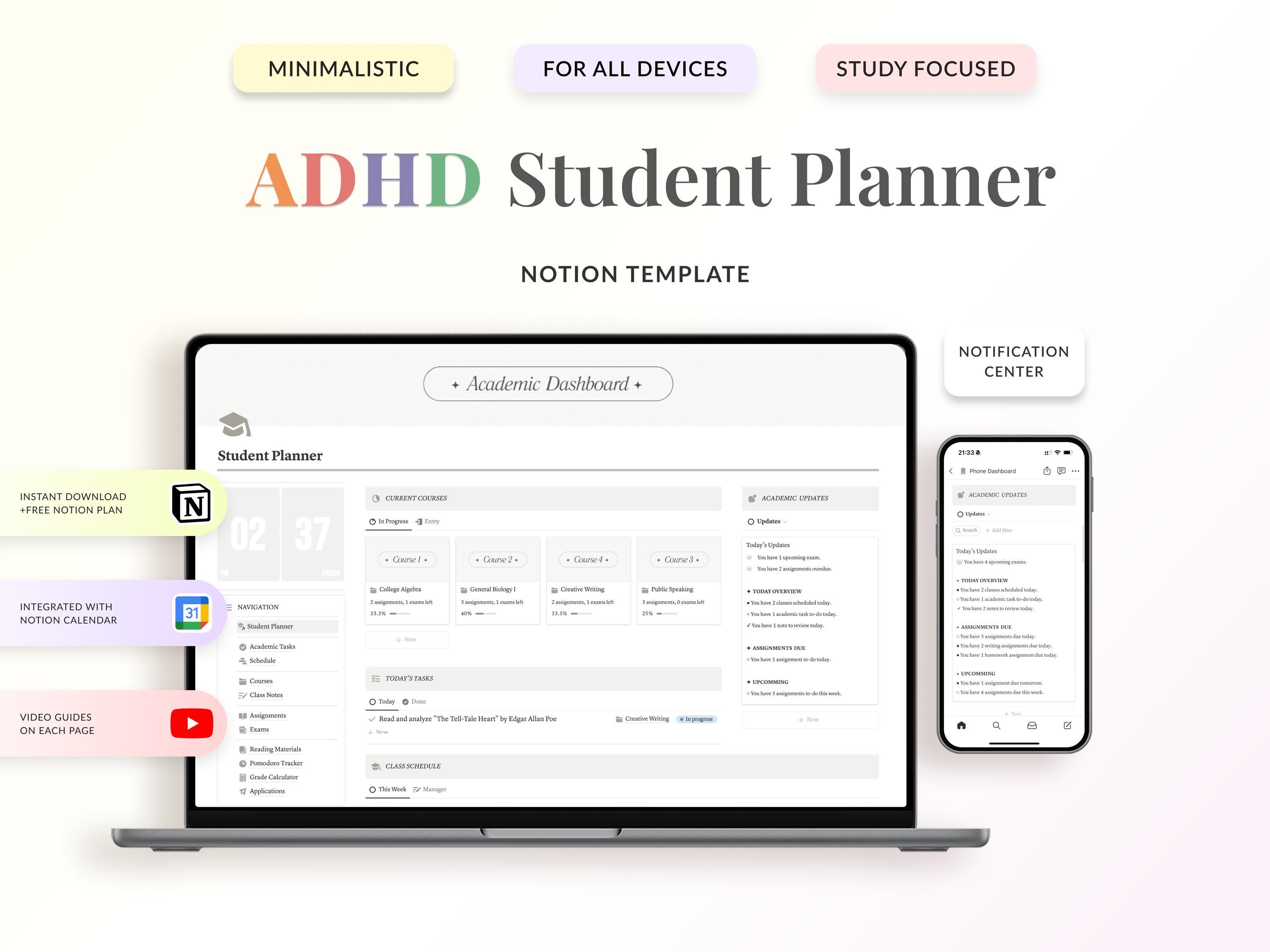 2025 ADHD-Friendly Student Planner Notion Template | Minimalist, Aesthetic Digital Student Dashboard |  Academic & Assignment Tracker