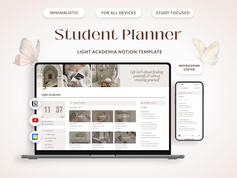 K&ouml;nnte beinhalten: Ein Laptop-Bildschirm zeigt eine Studentenplaner-Vorlage im Stil der Light Academia f&uuml;r Notion. Die Vorlage enth&auml;lt einen Kalender, eine To-Do-Liste und Kursabschnitte. Der Laptop steht auf einer wei&szlig;en Oberfl&auml;che mit einer Schmetterlings-Illustration im Hintergrund. Der Text auf dem Bildschirm lautet "Light Academia" und "Das Leben ist nicht darum, sich selbst zu finden, sondern sich selbst zu erschaffen."