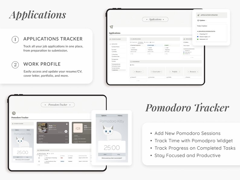 May include: A screenshot of a computer screen showing a mockup of a website for a productivity app. The app has two main features: an applications tracker and a pomodoro timer. The applications tracker helps users organize and track their job applications, while the pomodoro timer helps users stay focused and productive. The app has a clean and modern design with a white background and black text.