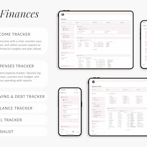 May include: A screenshot of a mobile app interface for managing finances. The app features a red and white color scheme and includes sections for income tracking, expense tracking, saving and debt tracking, balance tracking, bill tracking, and wishlists.