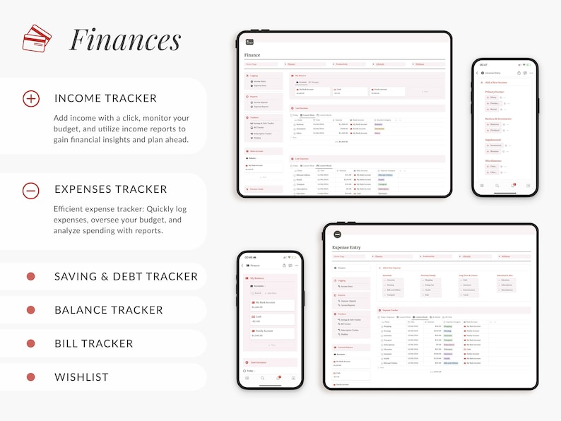 May include: A screenshot of a mobile app interface for managing finances. The app features a red and white color scheme and includes sections for income tracking, expense tracking, saving and debt tracking, balance tracking, bill tracking, and wishlists.