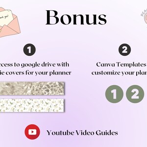 May include: Bonus features for a planner, including access to Google Drive with planner covers, Canva templates, and YouTube video guides. The image shows a peach-colored logo with the text "Peachy Planner" and a pink envelope with the text "Thank you!"