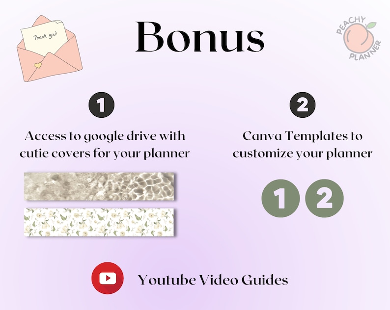 May include: Bonus features for a planner, including access to Google Drive with planner covers, Canva templates, and YouTube video guides. The image shows a peach-colored logo with the text "Peachy Planner" and a pink envelope with the text "Thank you!"