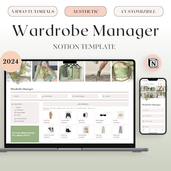 2024 Wardrobe & Clothes Manager Notion Template, Outfit Planner, Aesthetic Notion Planner, Notion Dashboard 2023 Travel Outfit Planner