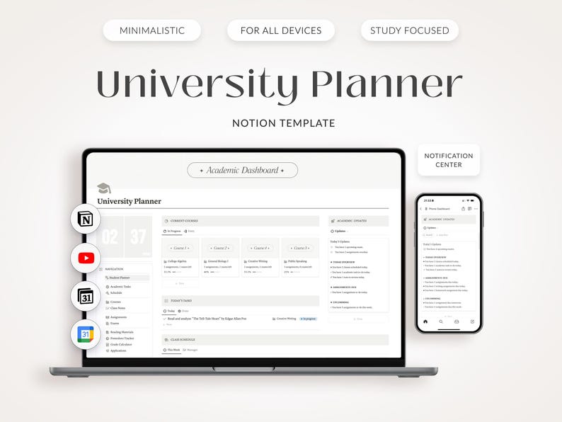 University Student Planner Notion Template, ADHD Study Dashboard (Digital Download) image 1