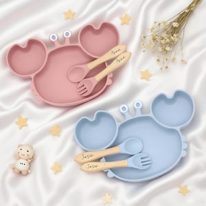 Personalized Baby Meal Set With Spoon and Fork, Baby Child Birthday Birth Gift, Cute Crab-Shaped Silicone Meal Plate, Kids Feeding Set
