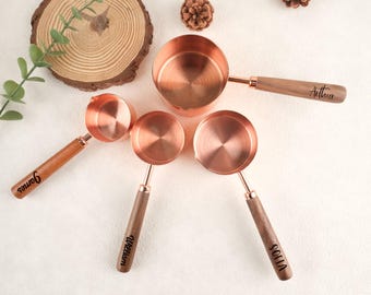 Personalized Engraved Measuring Cup, Rose Gold Measuring Cup Set, Measuring Cup Set, Wooden Handle, Kitchen Utensil