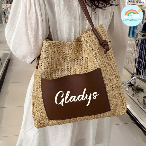 Large Capacity Summer Straw Bag, Custom Name Shoulder Bag, Personalized Tote Bag, Women's Woven Bag, Minimalist Bag, Shopping Bag For Her