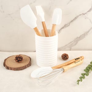 Personalized Set of 5 Baking Tool Whisk Basting Pastry Brush Spatula Egg Beater BBQ Grill Cooking Silicone Anniversary Housewarming Gift