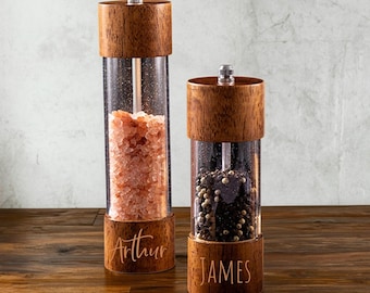 Personalized Wooden Salt and Pepper Grinders, Classy Pepper and Salt Mill Set, Wood and Gold Salt and Pepper Mill, Solid wooden grinder