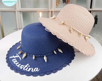 Personalisierte Muschel Sommer Strand Hut, Becken Hut, gewellte Hut mit breiter Krempe, Frauen Sonnenhut, Stroh Strand Hut, Urlaubshut