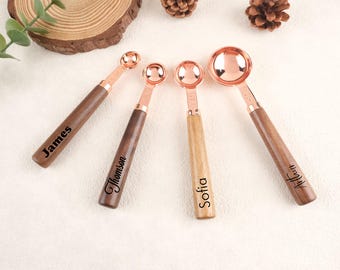 Personalized Engraved  Measuring Spoons, Rose Gold Measuring Spoons Set, Measuring Spoon Set, Wooden Handle, Kitchen Utensil