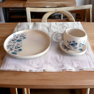 Blue Bird and Floral Ceramic Pottery Set,  Artisan Coffee Mug with Coaster & Plate , Charming Garden Kitchenware, Ideal Housewarming Gift
