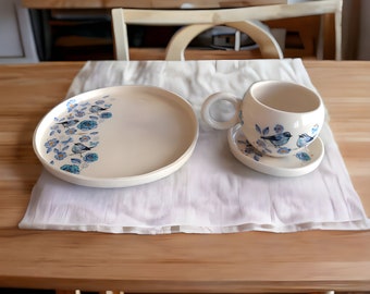 Blue Bird and Floral Ceramic Pottery Set,  Artisan Coffee Mug with Coaster & Plate , Charming Garden Kitchenware, Ideal Housewarming Gift