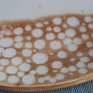 May include: A close-up of a ceramic plate with a brown glaze and white polka dots.