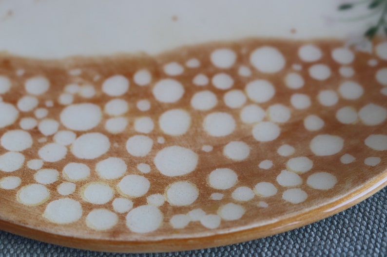 May include: A close-up of a ceramic plate with a brown glaze and white polka dots.