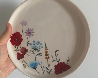 Handmade Ceramic Plate, Pottery Plate, Handmade Botanical Ceramic Plate, Dessert Dish, Handmade Tableware, Handmade Pottery Platter
