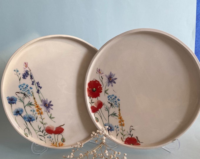 Handmade Ceramic Plate, Pottery Plate, Handmade Botanical Ceramic Plate, Dessert Dish, Handmade Tableware, Handmade Pottery Platter