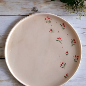 Floral Hand-Painted Ceramic Plate - 8&quot; Artisan Dinnerware, Botanical Design, Red & Green Detail, Rustic Home Decor, Unique Gift Idea