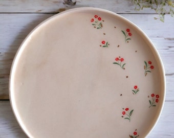 Floral Hand-Painted Ceramic Plate - 8" Artisan Dinnerware, Botanical Design, Red & Green Detail, Rustic Home Decor, Unique Gift Idea