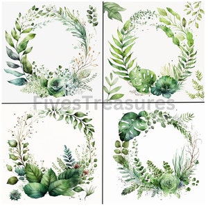 May include: Four watercolor illustrations of green wreaths with various leaves and flowers. Each wreath has a circular shape and is perfect for adding a touch of nature to any design project.