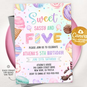 May include: A pink and blue birthday invitation with a watercolor illustration of ice cream, candy, and donuts. The text reads "Sweet: Sassy and Five. Please join us to celebrate Athena's 5th Birthday! June 25th, Saturday. Athena's House 190 Candy Street Drive New York, CA 90034 RSVP to Emma at 900-900-900"