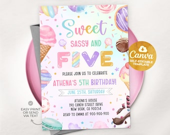 May include: A pink and blue birthday invitation with a watercolor illustration of ice cream, candy, and donuts. The text reads "Sweet: Sassy and Five. Please join us to celebrate Athena's 5th Birthday! June 25th, Saturday. Athena's House 190 Candy Street Drive New York, CA 90034 RSVP to Emma at 900-900-900"