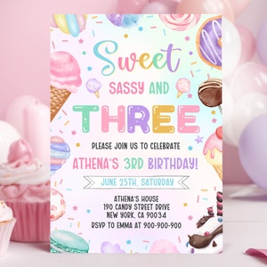 Sweet Three Birthday Invitation, 3rd Birthday Girl Donut Invitation Blush Pink Three Year Dessert Invite, Canva Template MBR01