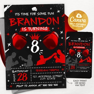 Invitación de cumpleaños de boxeo editable, invitación de pelea, invitación de MMA, invitación de niño, plantilla Canva 5x7