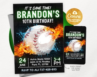 Baseball Birthday Invitation Template, Baseball Party Invitation, Baseball Game, Baseball Invitation, Editable Canva Template NS02