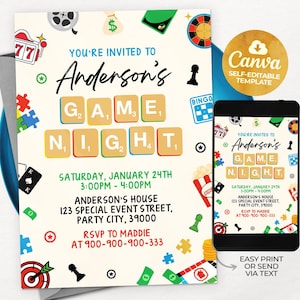 Invitación editable para una noche de juegos, una noche de juegos en familia, una fiesta en casa, 5 x 7, Canva MSNW02