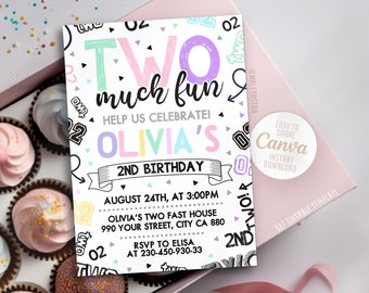 Invitation d’anniversaire modifiable DEUX BEAUCOUP AMUSANTE, invitation au 2e anniversaire, invitation au 2e anniversaire de fille, 5x7, Canva MSNW2