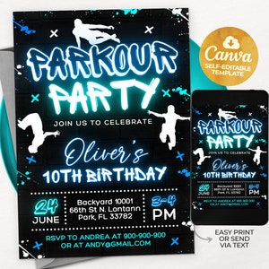 Invito alla festa Parkour, Invito di compleanno al neon Glow Jump, Invito di compleanno del ragazzo, Canva modificabile M0601