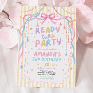 May include: A rectangular invitation card with a yellow and white striped background, featuring a pink bow, hanging beaded garlands, and stars. The text reads: READY TWO PARTY, Join us to celebrate, AMANDA'S 2ND BIRTHDAY, SAT 28 AUG, 2:00 PM TO 4:00 PM, AMELIA'S HOUSE, THIRTEEN AVENUE 33A, NEW YORK, CA 90554, RSVP TO ALMA AT 123-456-7890.