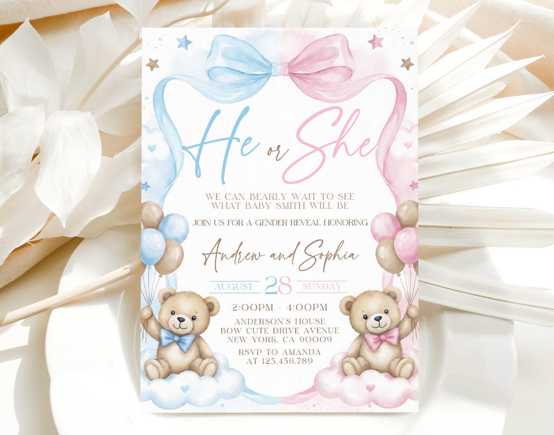 Teddy Bear Gender Reveal Invitation, He or She Gender Reveal Invitation ...