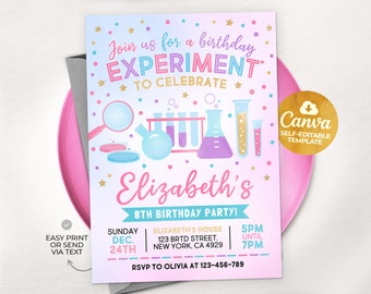 Science Birthday Invitation, Join Us For a Birthday Experiment, Girl Science Party Invite Template, Canva MSLT01