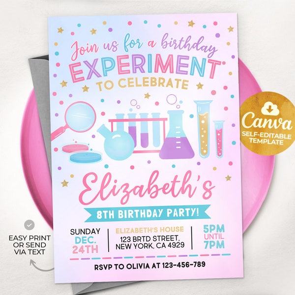 Science Birthday Invitation, Join Us For a Birthday Experiment, Girl Science Party Invite Template, Canva MSLT01