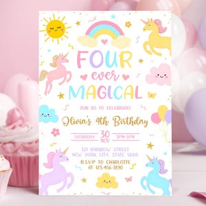 4th Birthday Invitation Four Ever Magical Party Invite Girl Pastel Fourth Birthday Template Rainbow, Canva 5x7 NEW01