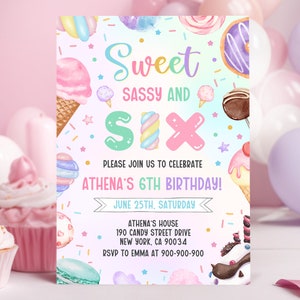 Sweet Sassy and SIX, 6th Girl Birthday Invitation, cotton candy sweets donut ice cream cupcake, Canva MSBR01