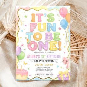 Fun to be One Birthday Invitation, 1st birthday invitation, 1st birthday girl colorful invitation, Editable Canva Template image 5