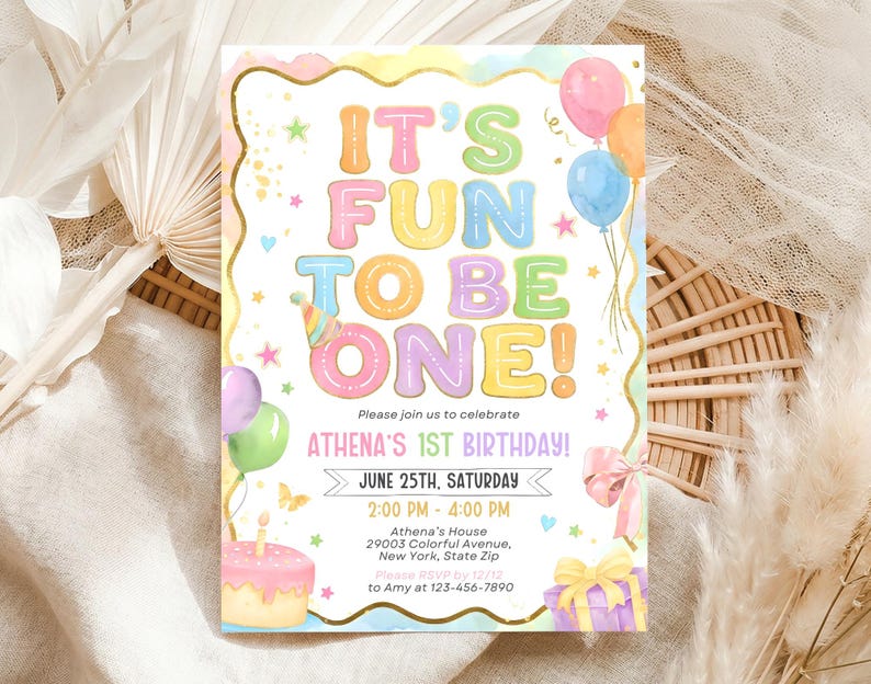 Fun to be One Birthday Invitation, 1st birthday invitation, 1st birthday girl colorful invitation, Editable Canva Template image 5