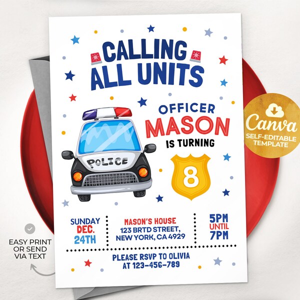 Police Birthday Invitation, Boy Birthday Invitation Police Officer Calling All Units, Canva MSLT01