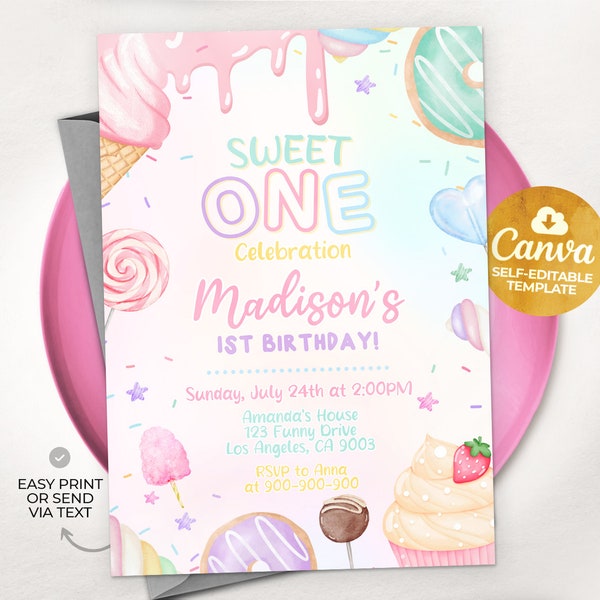 Sweet One Birthday Invitation Pastel Sweets Invite Donut Candy Ice cream Cupcake 1st Birthday Dessert, Editable Canva Template MSW01