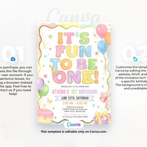 Fun to be One Birthday Invitation, 1st birthday invitation, 1st birthday girl colorful invitation, Editable Canva Template image 7