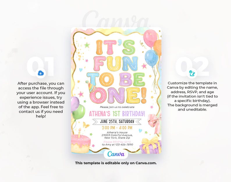 Fun to be One Birthday Invitation, 1st birthday invitation, 1st birthday girl colorful invitation, Editable Canva Template image 7