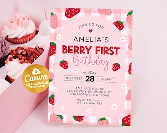 Berry First Birthday Invitation Template, Berry 1st Birthday Invitation, Berry First Birthday Invite, Editable Canva 2501